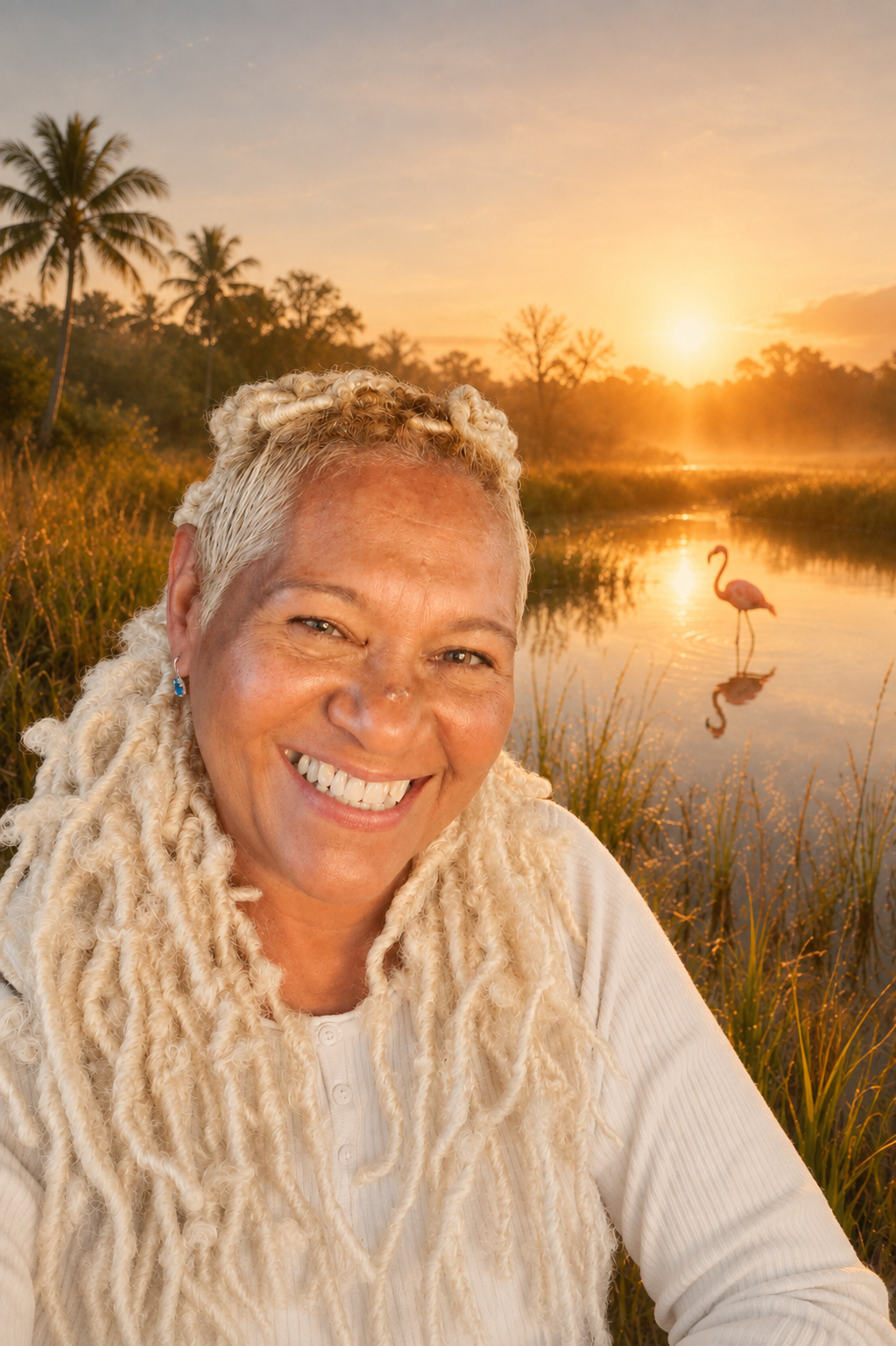 Earline Parsons smiling in a Caribbean setting